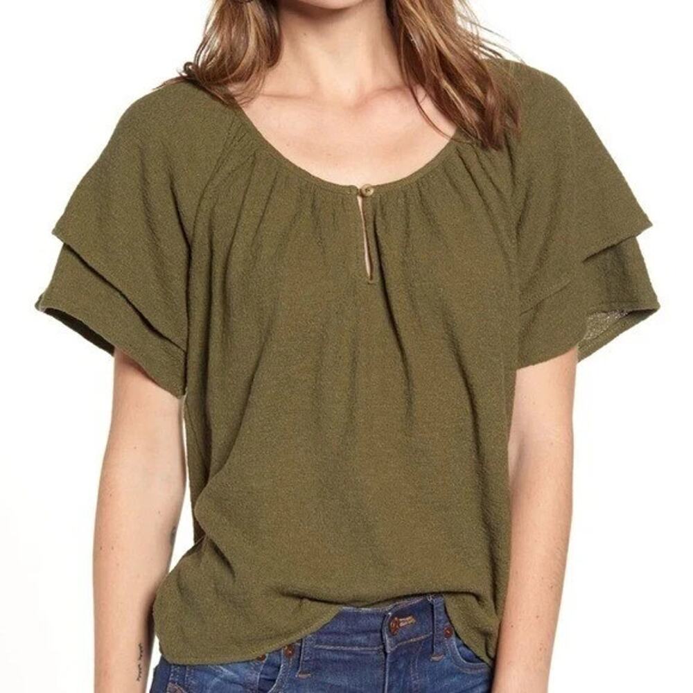 Madewell Top Womens 3X Olive Green Short Sleeve Cottage Peasant Beach Boho